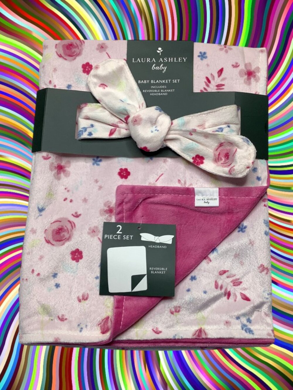 NWT Laura Ashley Floral Flowers Baby Blanket & Headband 2 Piece Set Mink Minky